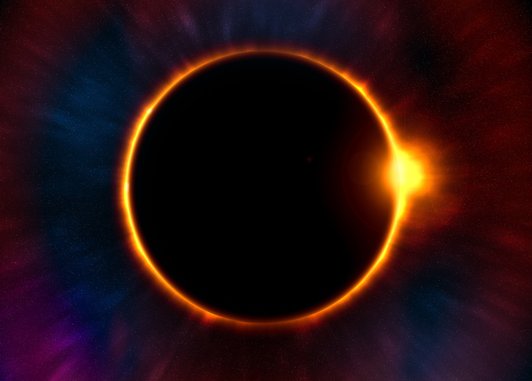 The sun is covered by the moon in a solar eclipse event. a bright orange circular line is glowing behind the moon.