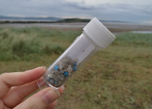 In a small test tube being held up by a hand, there are hundreds of tiny plastic pellets known as nurdles.