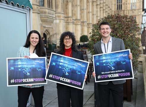 The Marine Conservation Society's CEO and two members of our policy team stand outside parliament holding placards reading 'stop ocean poison'