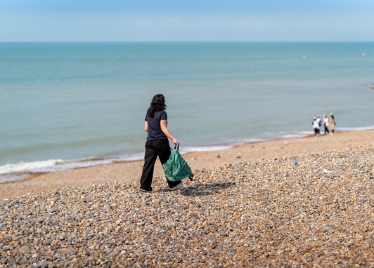 A beach cleaner walks with her back to the camera on a rocky UK beach with the sea to her left.. From the clear blue sky and her sleeveless clothing, it looks like a beautiful UK summer day.