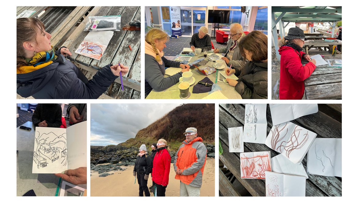 Several images in one to showcase Lily Tiger taking part in the Natur Am Byth project, including creating artwork and standing on a beach