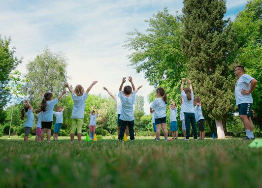 Children playing in a park surrounded by trees and grass. 2 adults can be seen with them