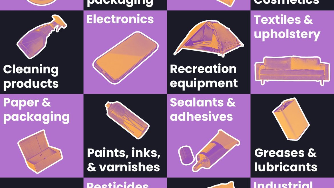 An infographic of different household items that contain PFAS, including: cleaning products, electronics, textiles, sealants, cosmetics, waterproof, stain resistant