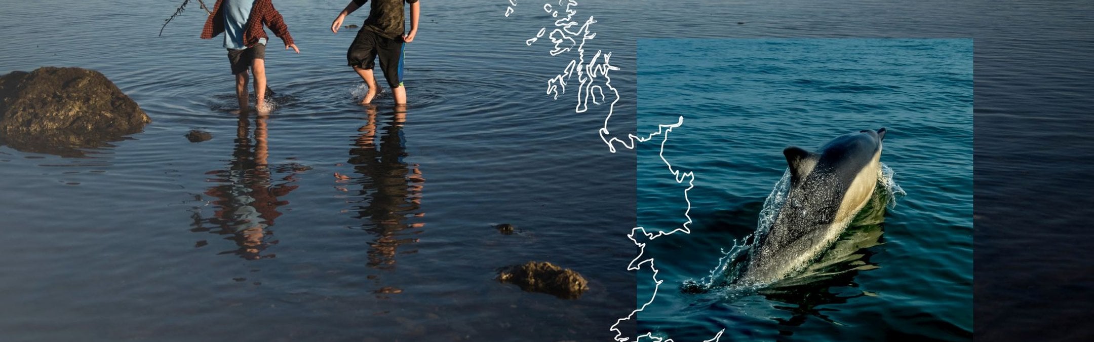 In shallow waters, two children are splashing with their feet. To the right of the image overlaid on top is a common dolphin swimming away from the camera. There is a white outline of the Atlantic Coast on top of both images.