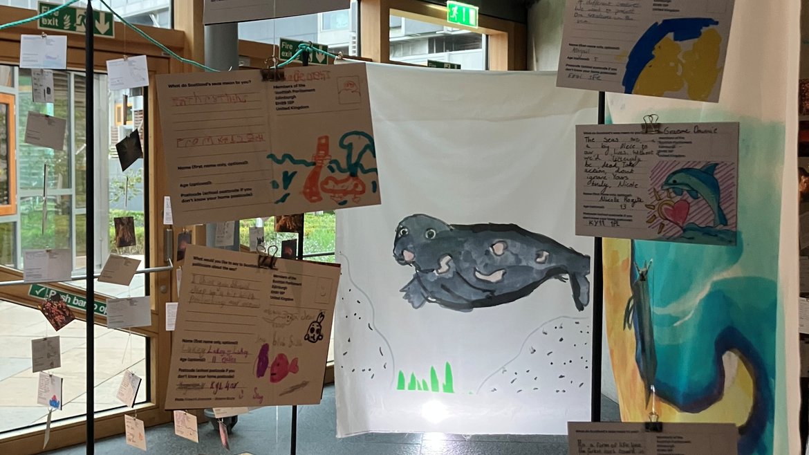An image of postcards created by pupils and displayed at a parliamentary event