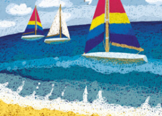 A vibrantly illustrated greeting card, capturing colourful sailboats gently cruising the cerulean sea under a sunny sky.