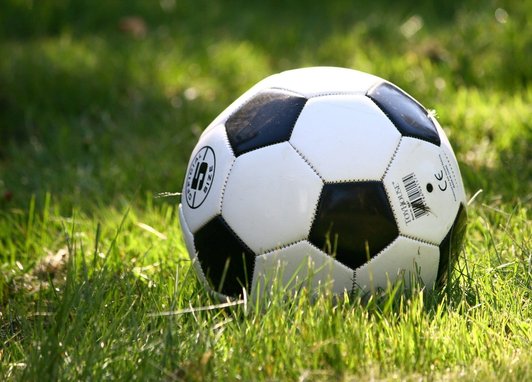 A classic black and white stitched soccer ball resting on green grass.