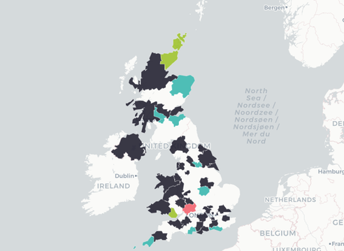 A map of the UK, with different postcode areas highlighted in different colours such as dark blue, pink and teal to represent litter surveys that have been completed in that area