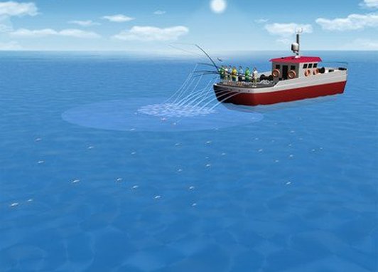 A boat is on the water with a number of rods at the back of the boat