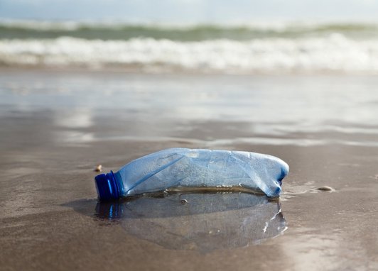 A crushed plastic bottle lies on the shoreline, with the ocean waves lapping in the distance
