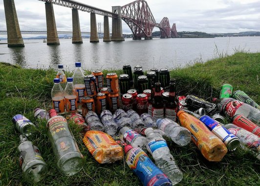 Drinks litter picked up from a beach clean near the Forth Bridge, Edinburgh