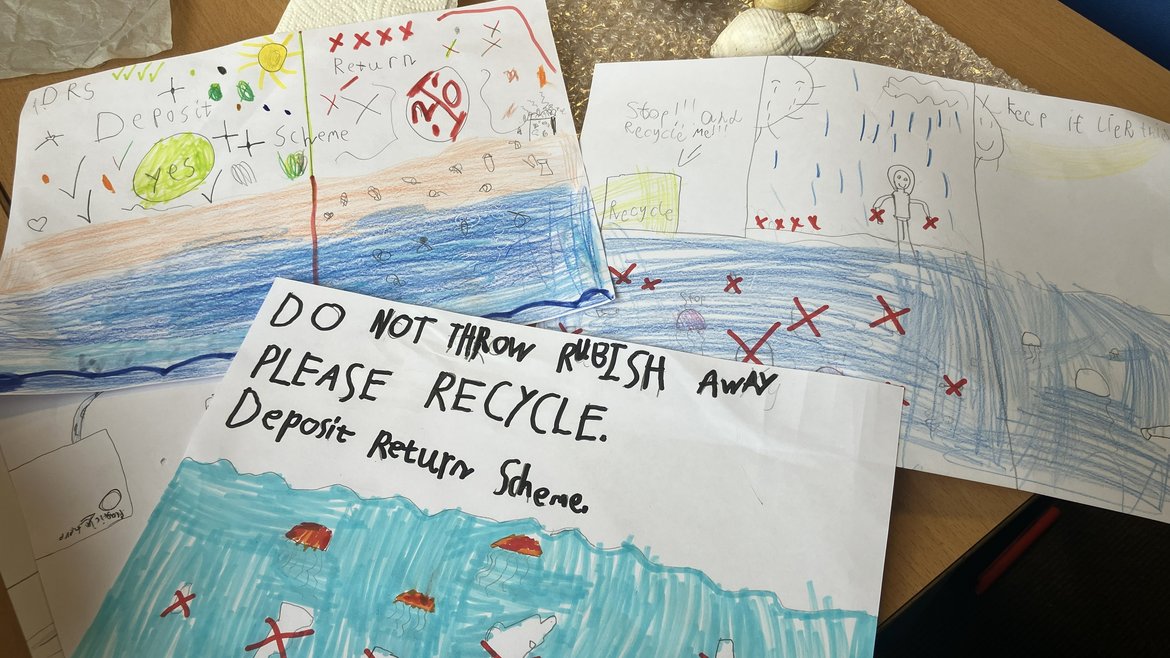 Three hand drawn A3 sheets promoting the need for Deposit Return Schemes in the UK