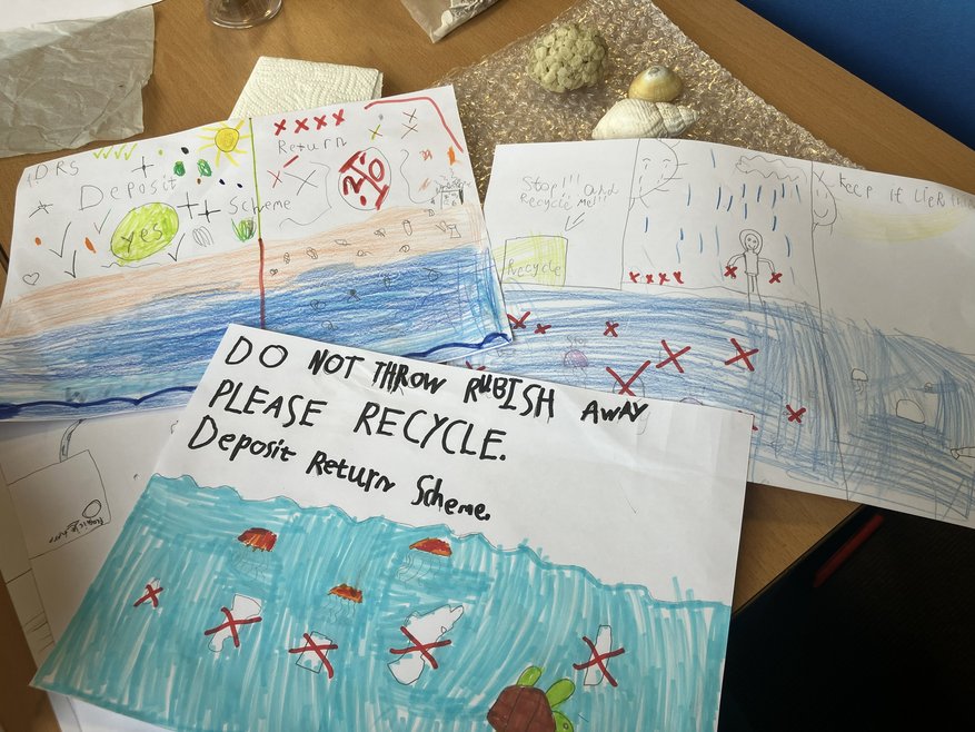Three hand drawn A3 sheets promoting the need for Deposit Return Schemes in the UK