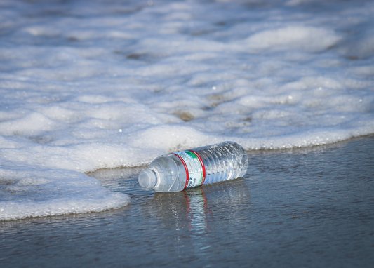 A plastic bottle is photographed on the shoreline, about to be washed away into the ocean