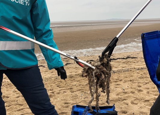 2 volunteers picking up soiled wet wipes using litter pickers