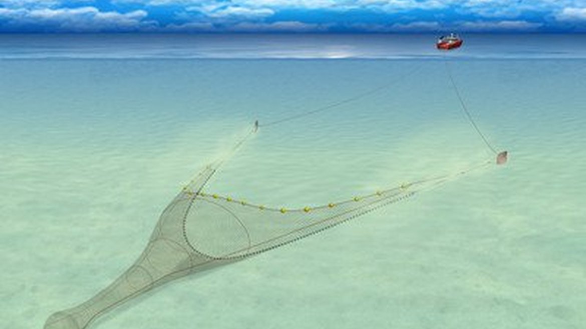 An image shows a boat towing a net over the seabed. The net is held open by two panels, known as otter boards.