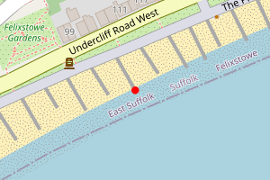 A map showing the Felixstowe (from Spa to Pier Section) beach stretch plotted on it