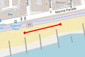 Map showing Worthing Beach - New Street to W Buildings
