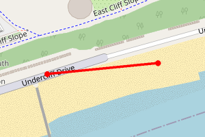 Map showing Bournemouth beach - to right, about 100 m along