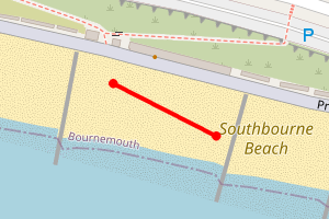 Map showing Southbourne Beach- from bus cafe & Lifeguard station