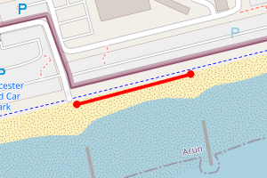 A map showing the Bognor Town Beach East of car park beach stretch plotted on it